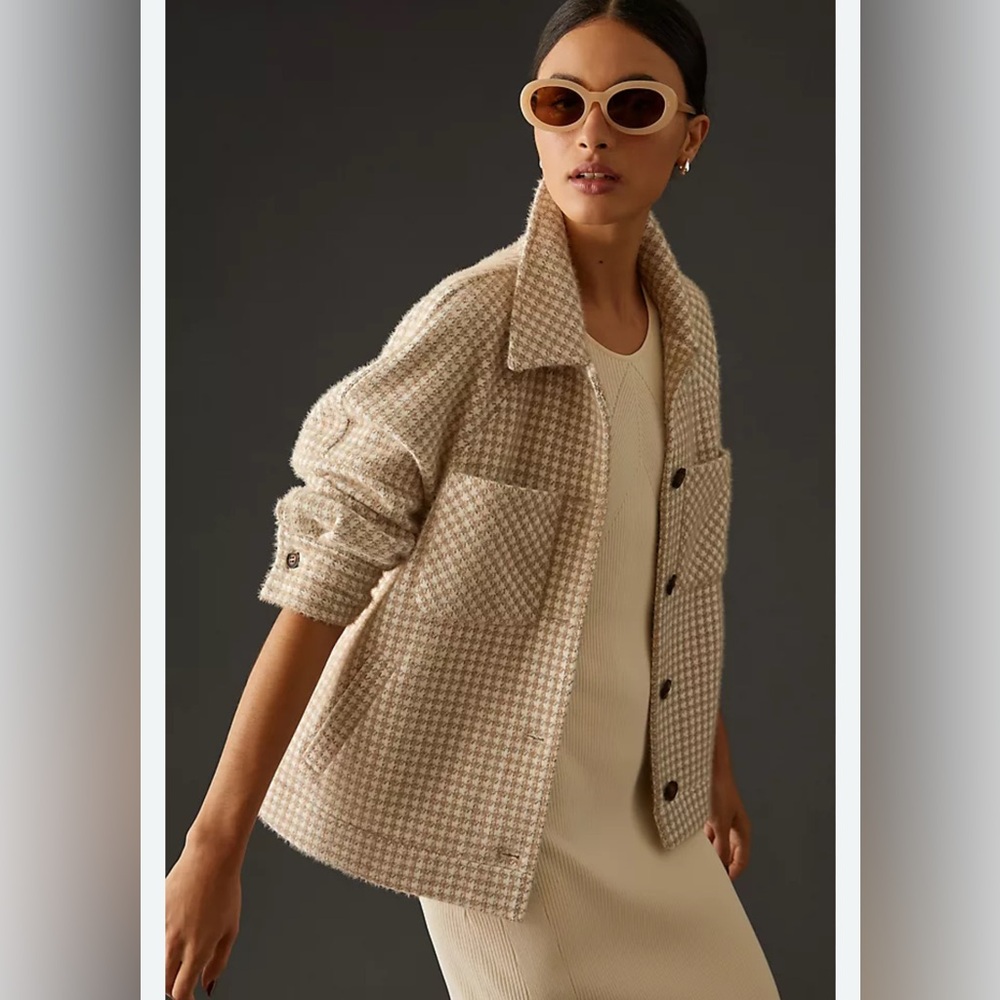 Shero Oversized Houndstooth Fringe Shacket Tan White | Oversized S - Picture 5 of 11